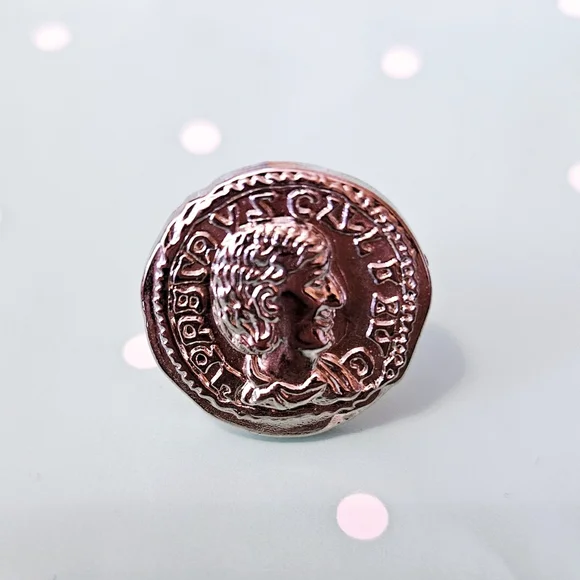 Silver Greek Coin Plastic Button Adjustable Ring OOAK Handmade - Picture 4 of 5